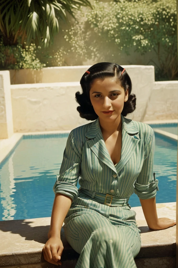 Palestine, 1946. portrait of A young ((((35-year-old)) Sira Quiroga)), beautiful, skinny, sitting in a luxurious hotel patio, ((((clothings from the 1940s)))), ((hairstyle of the 1940s)), ((colorful, Monet))