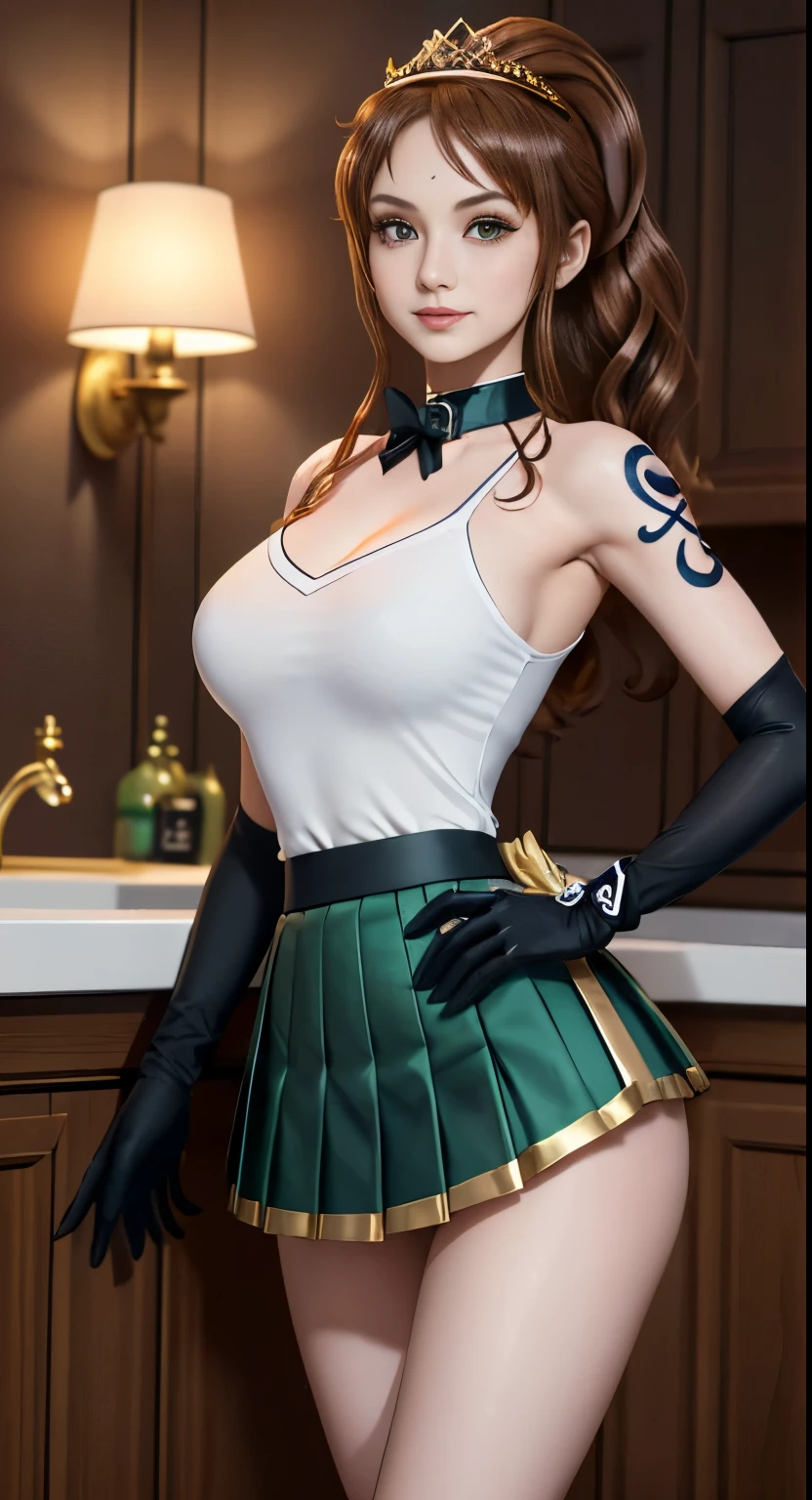 masterpiece、3d、Realistic、、Ultra-microphotography、Detailed and of the highest quality、Ultra-detailed CG Unity 8k wallpaper、full:1.3、stand、From below、Showing white panties、Intricate details、(1 female,housewife)、17 years oldlish、((A gorgeous golden tiara on her forehead:1.4、Metallic green pleated mini skirt:1.2、Praying Miniskirt:1.3、Huge red bow on the chest:1.2、Black gloves on elbows:1.1、big black collar、Green sailor collar、Red brooch))、(Red eyes,SetsunaMeiou
hair_good,
Hot Wind of the Underworld)、(Sailor 冥王星 Single Hairpan
Tiara Sailor Warrior Uniforms Skirt Gloves),((Single Ponytail)),Luxurious gold decoration, Incredibly long dark green hair:1.2、Shiny beautifull straight long dark green hair,:1.2、Sailor Pluto's Uniform, (Sailor Warrior Uniforms、Exposing the upper arm:1.2、Sleeveless,Luxurious gold decorationが施された長い白いラテックス手袋:1.3、Very large pink ribbon on the back of the waist,:1.1、Green choker、 The cleavage is sexy and boldly large.、gold ring earrings,Shiny black long knee-high boots with luxurious gold embellishments)、(Ultra-thin, glossy white holographic leather for a snug fit:1.3,Bold sexy slender white high leg gravette swimsuit)、staff, Holding_staff, Key chain accessories at waist,((Preparing for battle))、Has a giant key wand,
((Dark Skin:1.2,Captivating smile、Very cute face、Facial details:1.5、bright Red eyes、A beautifull face、beautidfull eyes、Shining Eyes、Thin lips:1.3、Thin, sharp, pale eyebrows,、Long and thick eyelashes、Double eyelashes))、Gorgeous giant white winged muscle:1.2、 Small and perfectly proportioned、Big breasts and small waist、Big Ass,Sexy model posing、毛穴が目stand、Perfect hands:1.l