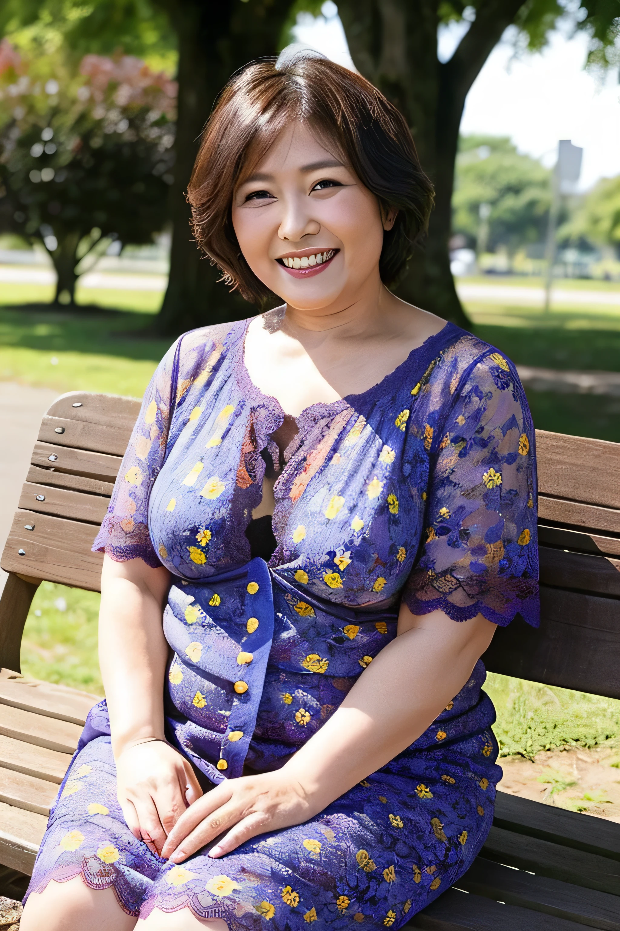 Ma、Highest quality、16K、masterpiece、Realistic、Realistic、A beautiful Japanese woman、Mature Woman、65 years old、Detailed skin texture、short hair、Chubby、Voluptuous body、Shapely breasts、Smiling with teeth showing、Floral lace shirt、sitting on a park bench、(View your audience)、The shirt is loose and her bra is exposed