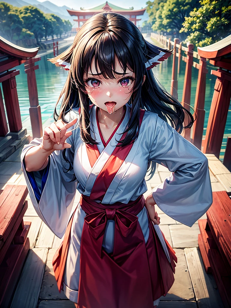 Highest Resolution,Highest quality,１People Girls,beautiful girl,Full body close-up,The body is frontal,looking at the camera,Standing posture,Crying face,Tears,Stringy saliva,Open your mouth,Sticking out tongue,Saliva,Tears overflow,Dripping a lot of saliva,Drooling,Shrine Maiden of the Temple,