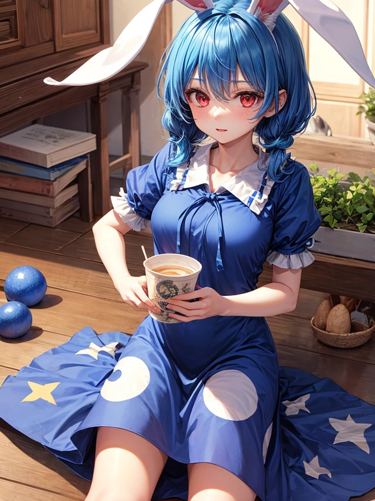 1girl, seiran (touhou), red eyes, blue hair, rabbit ears, earclip, low twintails, blue dress, crescent print, star print, kine,