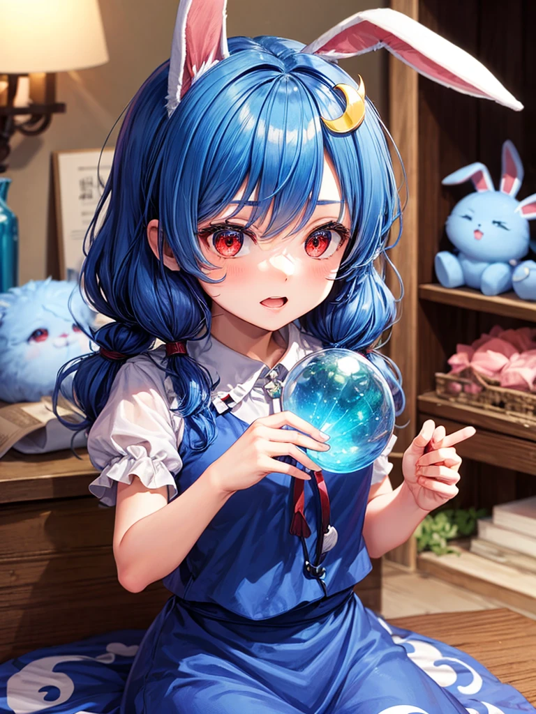 1girl, seiran (touhou), red eyes, blue hair, rabbit ears, earclip, low twintails, blue dress, crescent print, star print, kine,