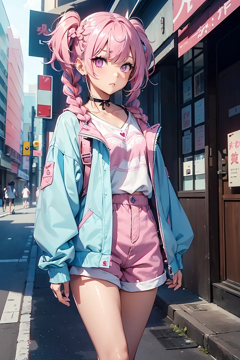 ((1 Girl)), Latest Trends in Clothing, Heart Clothing, cute, Light blue shorts, Iridescent shoes, Street fashion,(ribbon),Cowboy Shot,((Very detailed,Highest quality, High resolution, 8k wallpaper, Beautiful clothes,)),((Pink Hair, Short Hair,Twin tails, Braid)), (Pink Eyes),eye shadow, eyeliner,Glowing Eyes, Very detailed目, Complex eyes, Beautiful Eyes, ((輝くPink Eyes)), 18-year-old girl