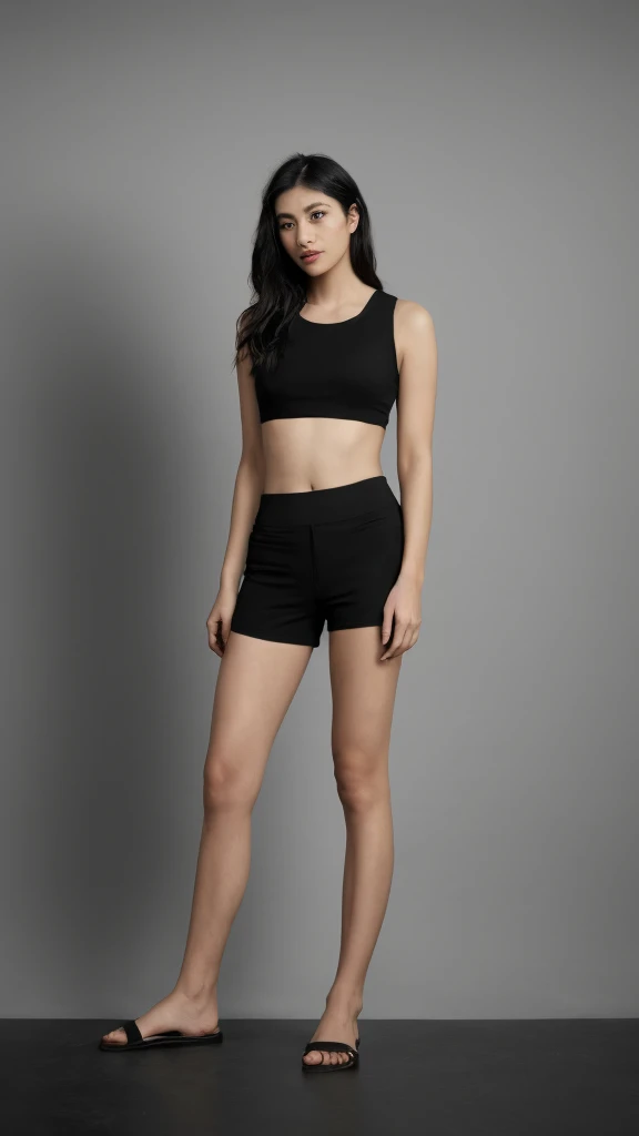 Beautiful Persian woman in shorts and crop top at the beach, model posinga large empty room with a plant and a large blank wall, dark grey backdrop studio, plain studio background, black studio background color, photo studio background, studio background, dark studio background, grey backdrop, dark studio backdrop, light grey backdrop, studio backdrop, dark concrete room, non-illuminated backdrop, still life photo of a backdrop, black studio background
