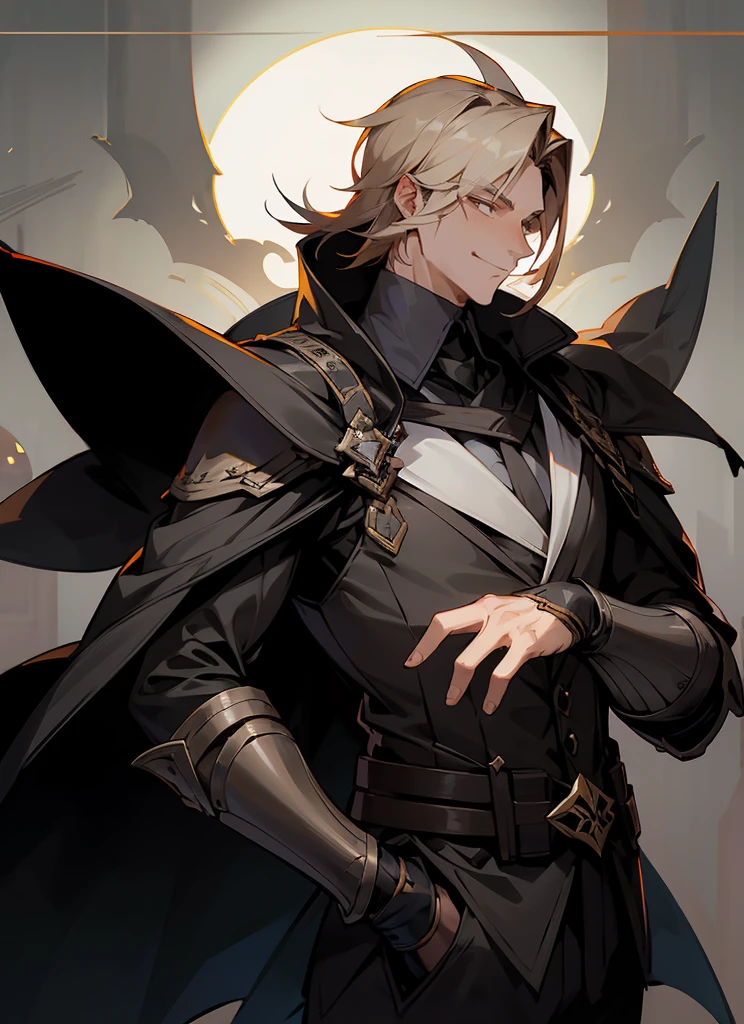 1 , handsome fashion hair,bronze hair highlightwhite, fanstasy, smile face, male ,fantasy, reaper, hunter with blackshortsword, villian face, black armor , darkness wolrd, bad, devil mask
