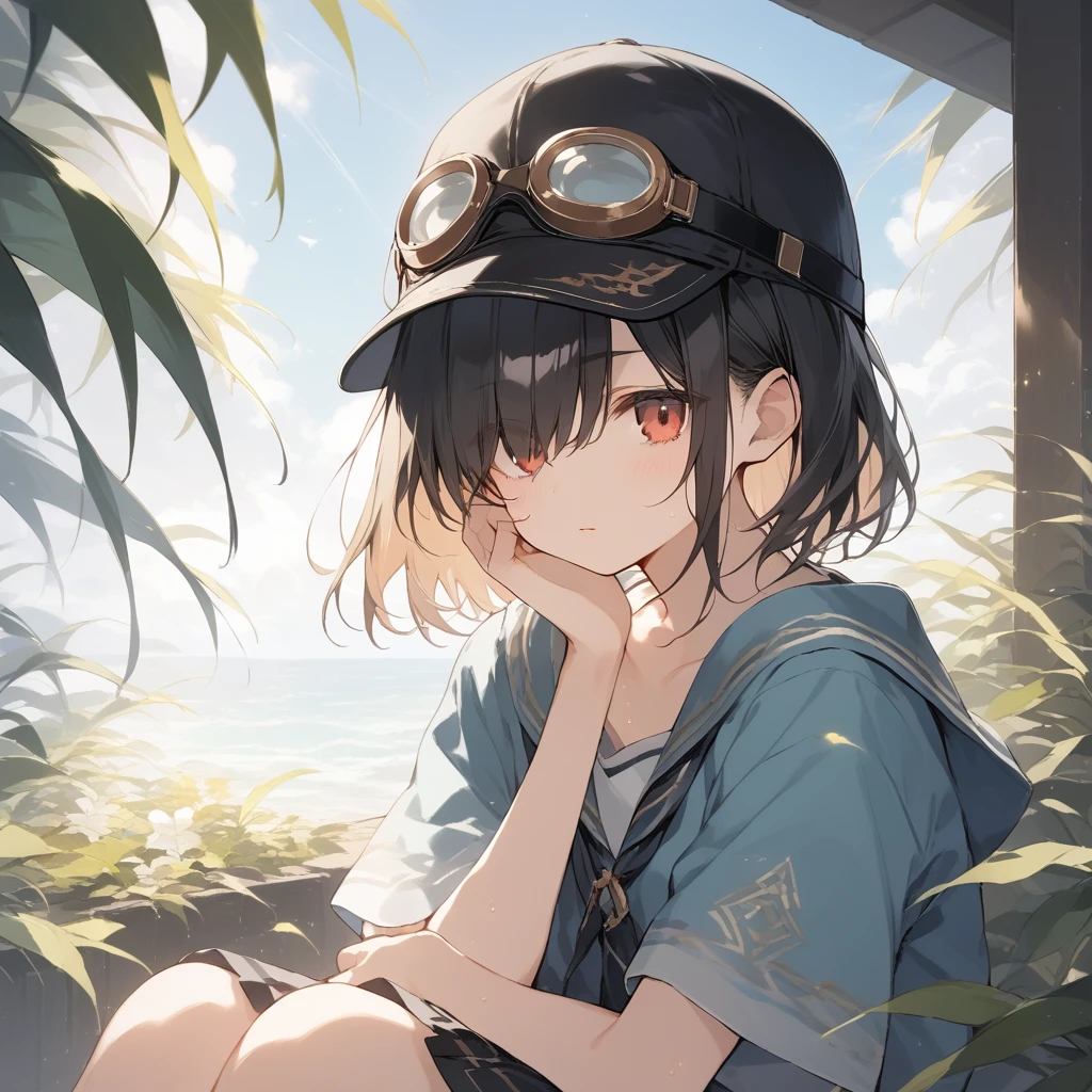 score_9, score_8_up, score_7_up, source_anime, best quality, masterpiece, official art, absurdres, highres, ultra-detailed,waifu2x,Collection: Slice of Life,break,1girl, 15-year-old, short hair, hair over one eye, small breasts, beautiful detailed face, beautiful detailed eyes, well-proportioned iris and pupils, beautiful detailed lips, cap, goggles on headwear, skirt, sit, sweat, expressionless, sleepily, fantasy, outdoors, wind, break,(clear line illustration:1.2),very high resolution, very aesthetic, super detailed skin, Best cinematic lighting powered by famous artist, 8k, beauty illustration,photoshop_(medium),,(Detailed Lighting),best anime 8k konachan wallpaper, pixiv contest winner,