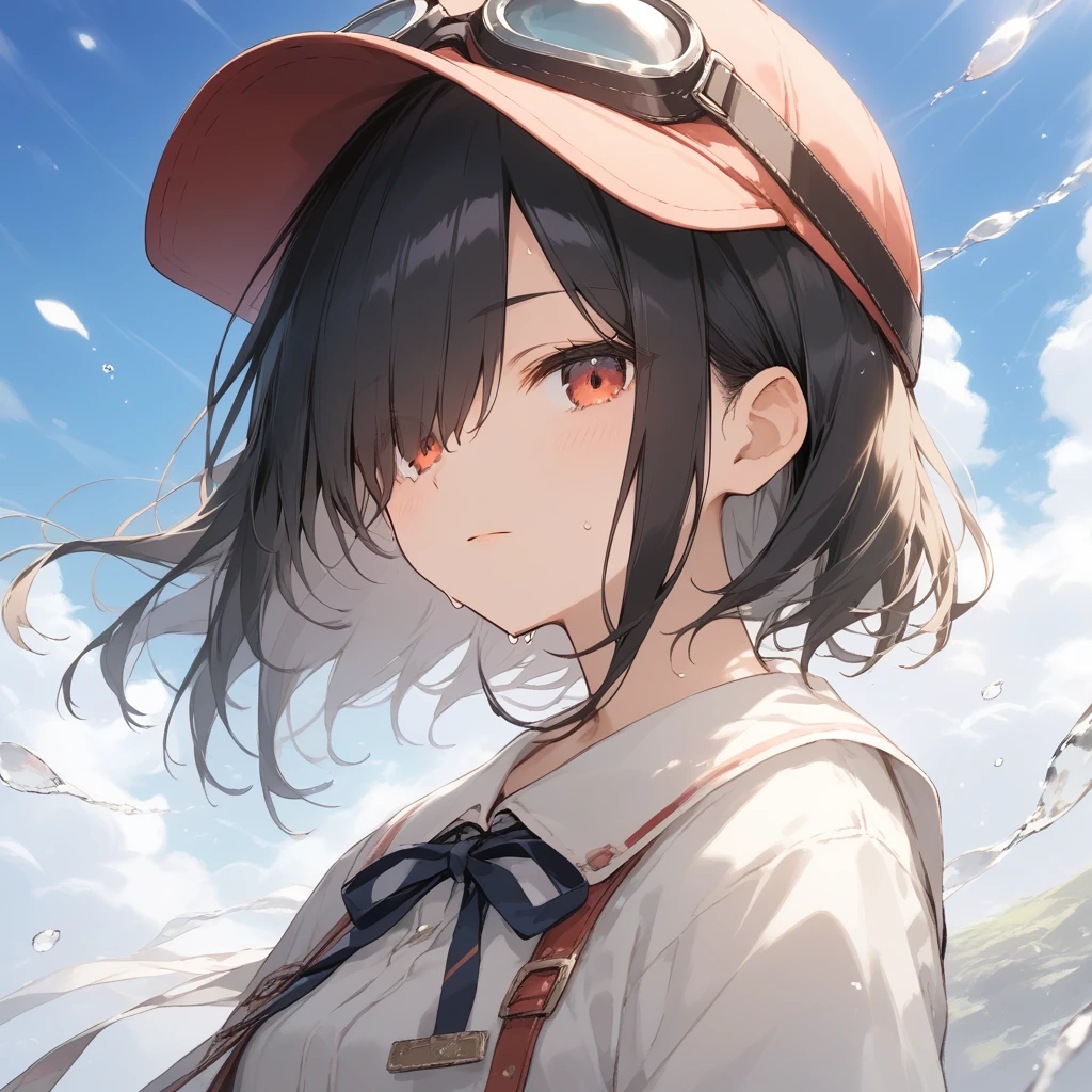 score_9, score_8_up, score_7_up, source_anime, best quality, masterpiece, official art, absurdres, highres, ultra-detailed,waifu2x,Collection: Slice of Life,break,1girl, 15-year-old, short hair, hair over one eye, small breasts, beautiful detailed face, beautiful detailed eyes, well-proportioned iris and pupils, beautiful detailed lips, cap, goggles on headwear, skirt, sit, sweat, expressionless, sleepily, fantasy, outdoors, wind, break,(clear line illustration:1.2),very high resolution, very aesthetic, super detailed skin, Best cinematic lighting powered by famous artist, 8k, beauty illustration,photoshop_(medium),,(Detailed Lighting),best anime 8k konachan wallpaper, pixiv contest winner, 