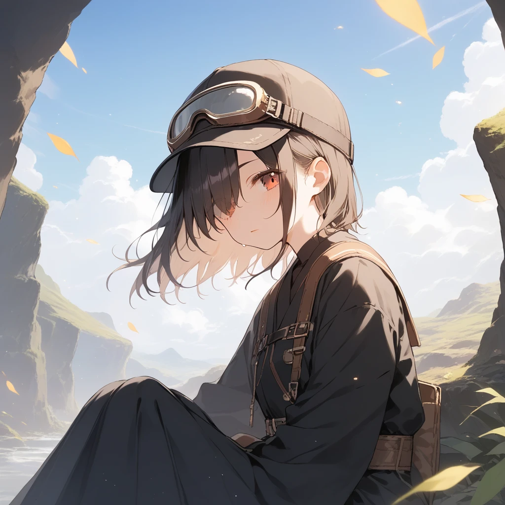 score_9, score_8_up, score_7_up, source_anime, best quality, masterpiece, official art, absurdres, highres, ultra-detailed,waifu2x,Collection: Slice of Life,break,1girl, 15-year-old, short hair, hair over one eye, small breasts, beautiful detailed face, beautiful detailed eyes, well-proportioned iris and pupils, beautiful detailed lips, cap, goggles on headwear, skirt, sit, sweat, expressionless, sleepily, fantasy, outdoors, wind, break,(clear line illustration:1.2),very high resolution, very aesthetic, super detailed skin, Best cinematic lighting powered by famous artist, 8k, beauty illustration,photoshop_(medium),,(Detailed Lighting),best anime 8k konachan wallpaper, pixiv contest winner,