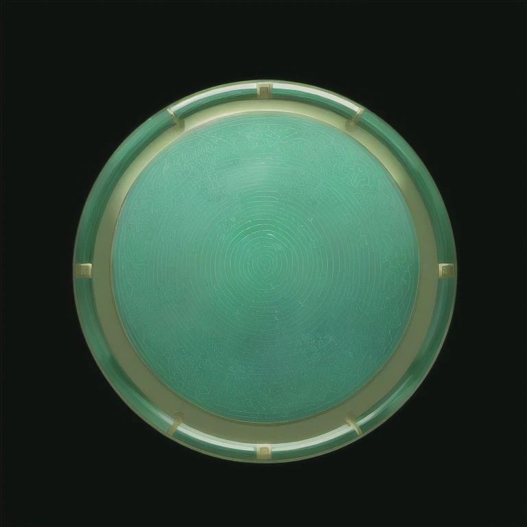 There is a green and gold plate,The background is black, Round设计, Round背景, Cyan gold blank light, round window, large round window, 后面有一个Round的简约, Gorgeous oval face, Glass、Gold and jade, 漆Glass, 墙上的Round镜子, 深绿色Glass, Round底座, Shielding design, Round Gate, Round