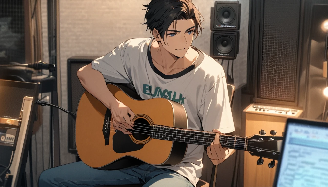 Capture a handsome young man playing an acoustic guitar in a cozy, well-equipped music studio. He is casually dressed in a fitted t-shirt and jeans, sitting comfortably on a stool or chair. The studio has a warm, inviting ambiance with soundproof walls, musical instruments, and recording equipment visible in the background. Behind him, prominently displayed, is a stylish sign or logo that reads 'JM Music,' adding a professional and branded touch to the scene. The focus should be on his relaxed yet passionate expression as he strums the guitar, creating an atmosphere of genuine musical artistry