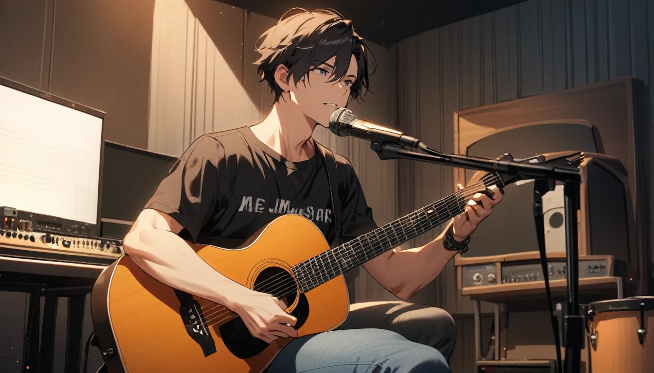 Capture a handsome young man playing an acoustic guitar in a cozy, well-equipped music studio. He is casually dressed in a fitted t-shirt and jeans, sitting comfortably on a stool or chair. The studio has a warm, inviting ambiance with soundproof walls, musical instruments, and recording equipment visible in the background. Behind him, prominently displayed, is a stylish sign or logo that reads 'JM Music,' adding a professional and branded touch to the scene. The focus should be on his relaxed yet passionate expression as he strums the guitar, creating an atmosphere of genuine musical artistry