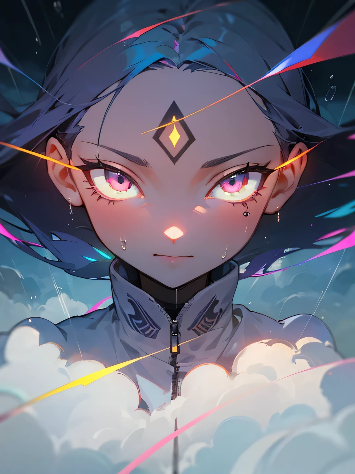 (birdeyesview:1.2),solo, holografic color hair, open forehead, mysterious face, initial tattoo, person who controls the weather, sunny weather, rainy weather, cloudy weather, thunderous weather, controlling at the center