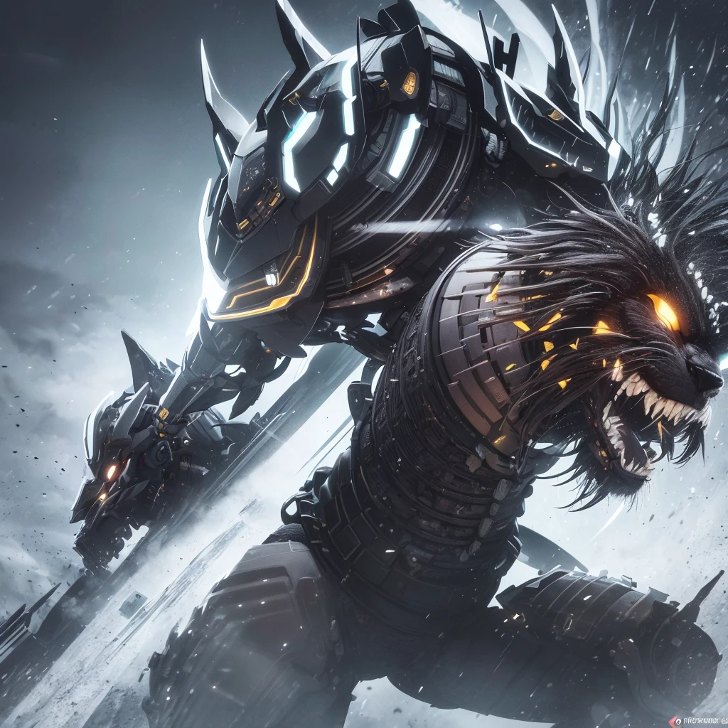 black and white samurai Lion, extremely detailed eyes and face, beautiful detailed face, long eyelashes, futuristic Tokyo city, samurai sci-fi armor, sci-fi style, neon colors, cyborg, katana, Japanese, (best quality,4k,8k,highres,masterpiece:1.2), ultra-detailed, (realistic, photorealistic, photo-realistic:1.37), cinematic lighting, dramatic atmosphere,