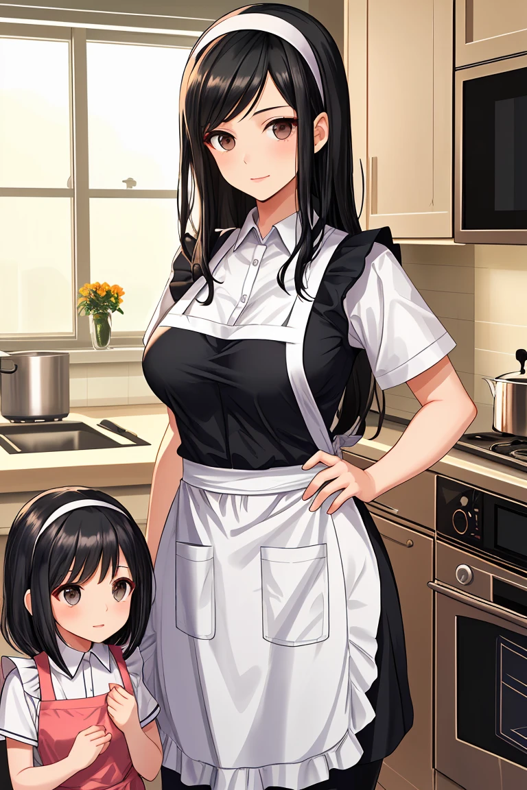 Beauty mother-in-law Black Hair hair band Mother and daughter have beautiful breasts Mother is an apron My daughter is in uniform kitchen