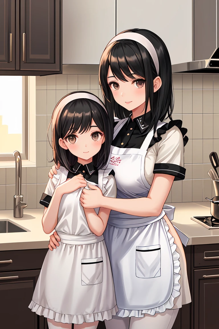 Beauty mother-in-law　Black Hair　hair band　Mother and daughter have beautiful breasts　Mother is an apron　My daughter is in uniform　kitchen