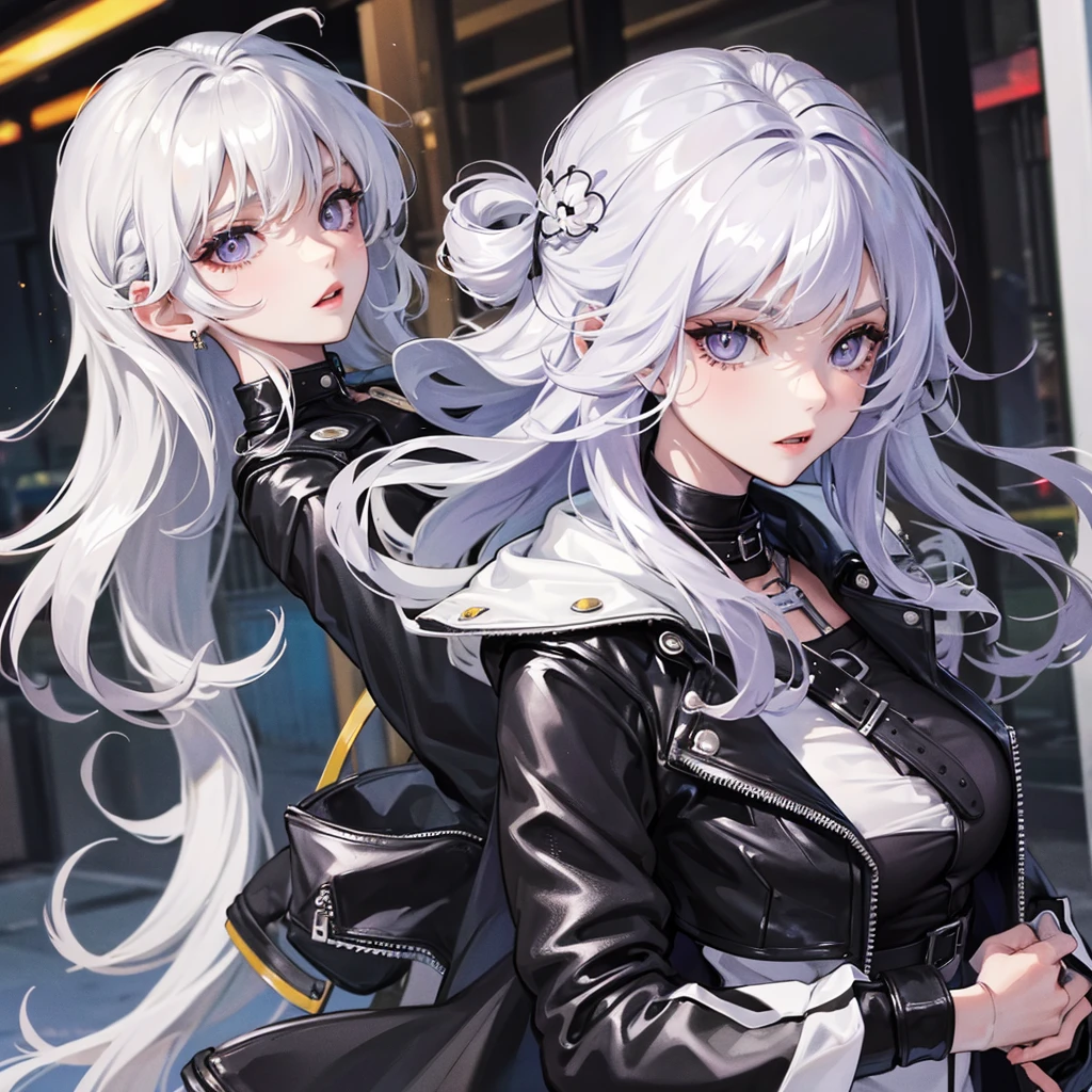a girl , long white hairstyle ,purple leyes, street styles, , ，Black color Leather jacket , black jean，，adorlable，beautiful face, cold
