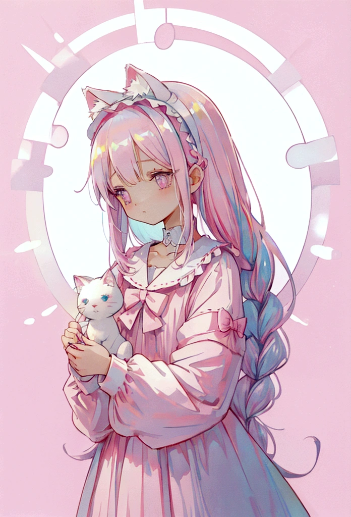 (Full body:1) of a young girl, spiky lashes, half pastel pink eye half pastel blue eye, half braided hair, light pastel blue hair with a tip of light pastel pink in the end, white fur puffy cat headband, many hairclip, light pastel blue gradient with light pastel pink collar, soft lighting, soft picture, light pastel blue tanktop, light pastel pink puffy jacket, with light pastel blue pacifier, holding white cat plushie with bow, wear bow, light pastel pink cat tattoo on collar Bone, wear ring, many detail, many many pastel cute accessories, HD, perfect body