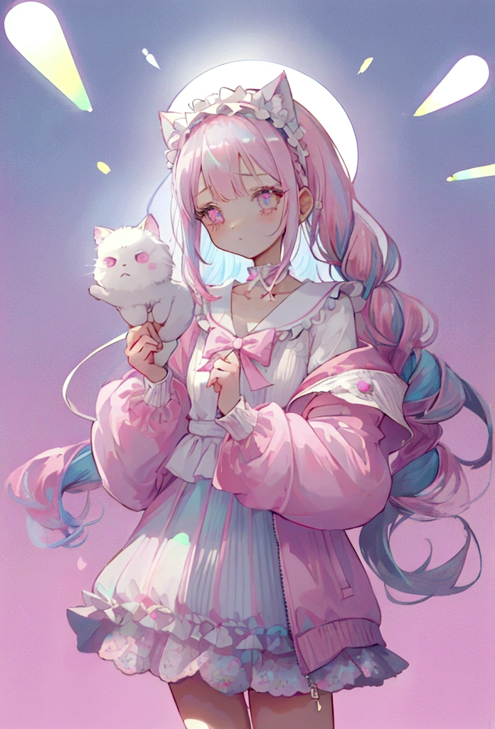 (Full body:1) of a young girl, spiky lashes, half pastel pink eye half pastel blue eye, half braided hair, light pastel blue hair with a tip of light pastel pink in the end, white fur puffy cat headband, many hairclip, light pastel blue gradient with light pastel pink collar, soft lighting, soft picture, light pastel blue tanktop, light pastel pink puffy jacket, with light pastel blue pacifier, holding white cat plushie with bow, wear bow, light pastel pink cat tattoo on collar Bone, wear ring, many detail, many many pastel cute accessories, HD, perfect body