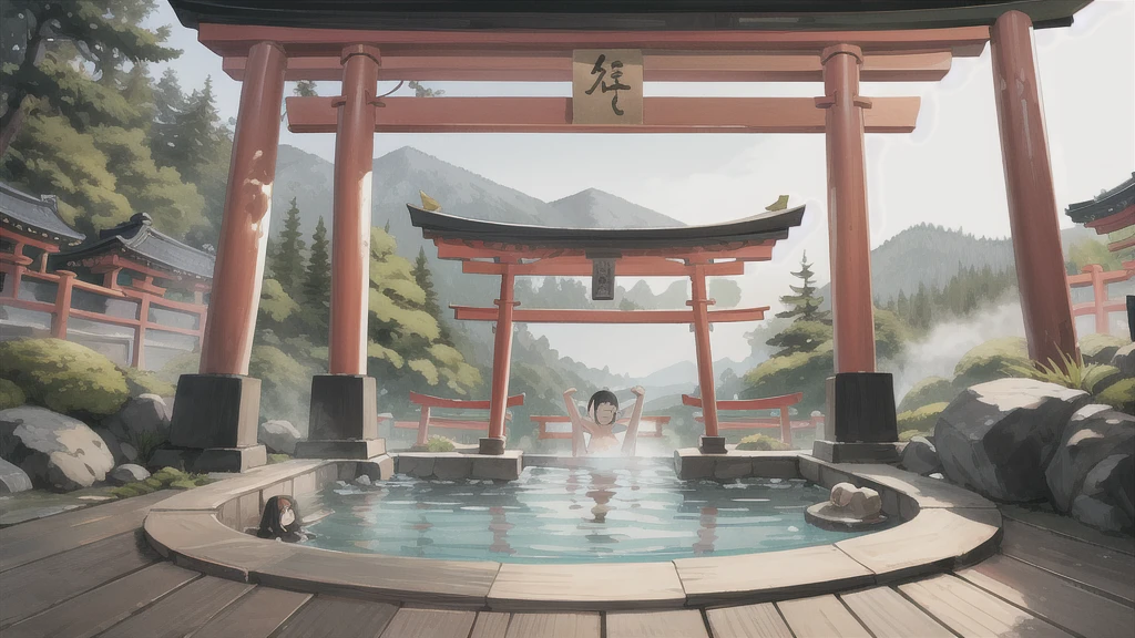 Cute art style, open-air bath, small torii gate, hot spring, illustration, background only