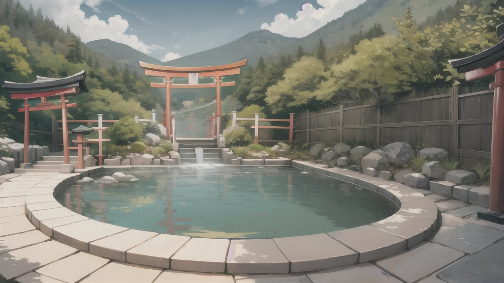 Cute art style, open-air bath, small torii gate, hot spring, illustration, background only