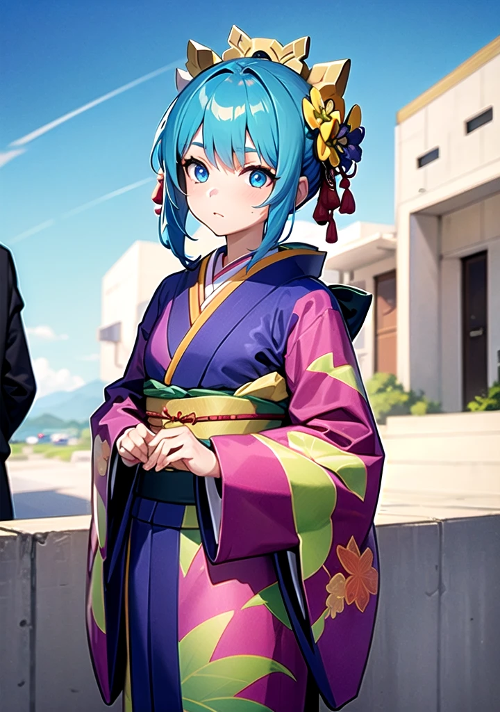 photoshot, work of art, best qualityer, wall-paper, 1 girl, shorth hair, sky blue hair, sky blue eyes, hair accessories, kimono,