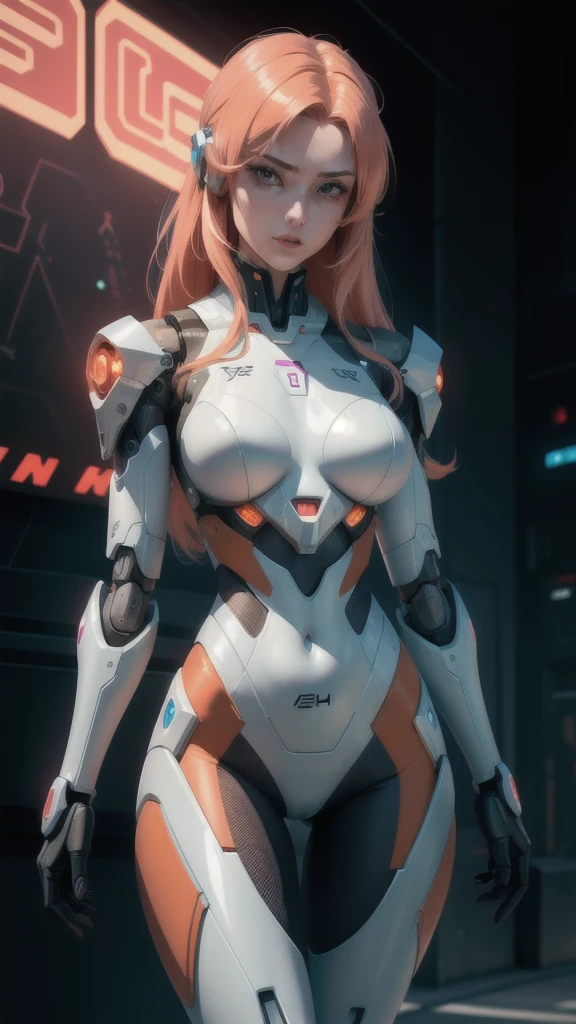 female,robot ,female,robot cyborg mech, peach hair, cyberpunk:0.35, perfect lighting, perfect shading, detailed, intricate, (perfect body), beautiful face, flowing hair, ((full torso)), photorealistic:1.35, mature adult:1.4,