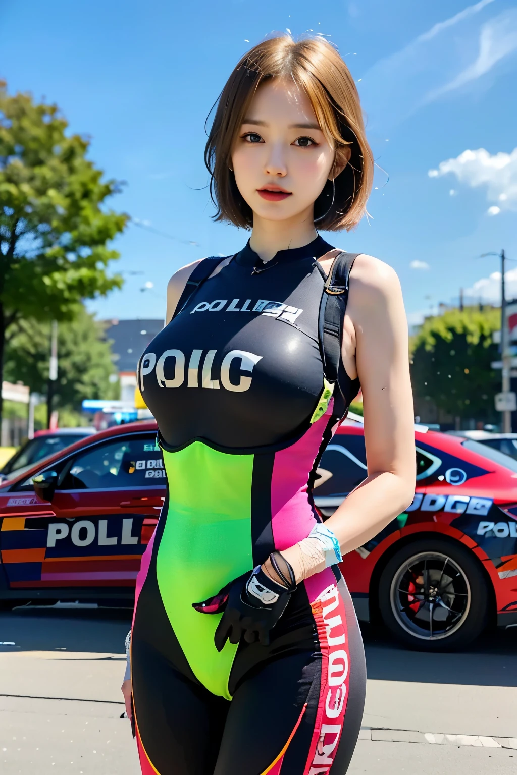 Highest quality, Ultra-high resolution, (Backlight), (Realistic: 1.4), (Cowboy Shot:1), 1 beautiful girl, (K-Pop Idols), Detailed face, (Hairstyle: pink:1, Full van, Short Bob Style:1), encounter, Perfect Anatomy, Smooth Skin, Professional Lighting, ((Wearing futuristic police racing suit, policeの紋章, High-tech headsets, Military Harness, Racing Gloves, Handgun)), アウターハニーボブHairstyle, ("police", シルバー - pink - ブラック - ホワイトをベースにした布の色), (background, Crashed car, fire, (explosion)),