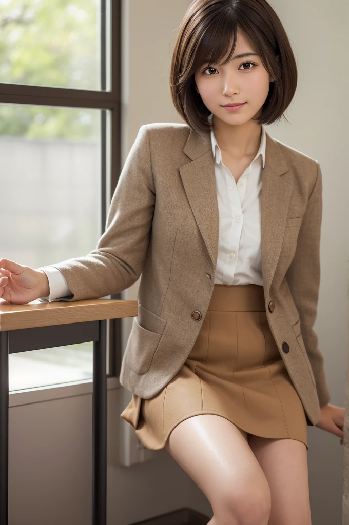 Highest quality, Face Focus, Soft Light, Ultra-high resolution, (Realistic:1.4), RAW Photos, 1 Japanese girl, alone, cute, (A shy smile:0.5), (Brown eyes, Light in your eyes), Beautiful face in every detail, (Small box),(High resolution detail of human skin texture), (Short Bob Hair), break, In the classroom,Japan  blazer, Best, skirt