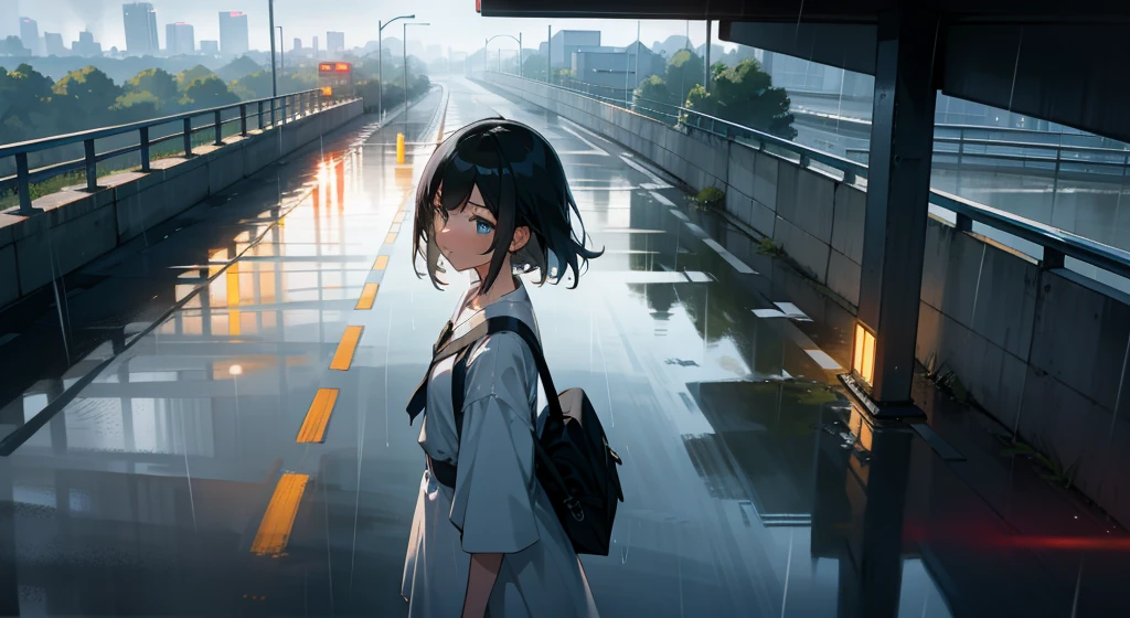 A on an overpass on the road,Evening,It just rained lightly,Clear air,Sunlight and rain above the road reflect on the buildings,Screen view from top to bottom,The background is ambiguous