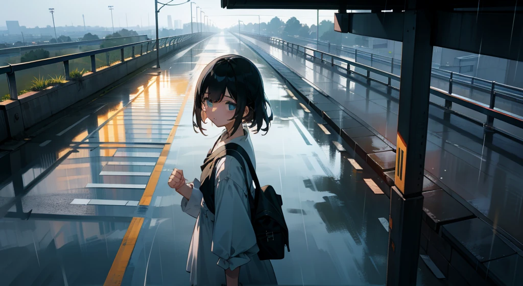 A  on an overpass on the road,Evening,It just rained lightly,Clear air,Sunlight and rain above the road reflect on the buildings,Screen view from top to bottom,The background is ambiguous