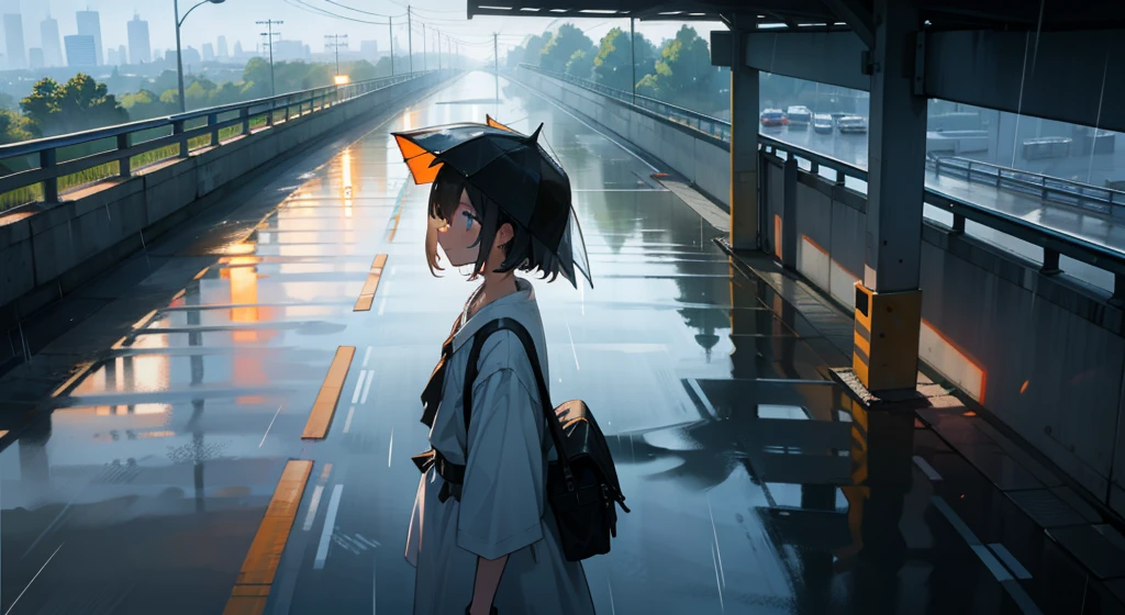 A  on an overpass on the road,Evening,It just rained lightly,Clear air,Sunlight and rain above the road reflect on the buildings,Screen view from top to bottom,The background is ambiguous