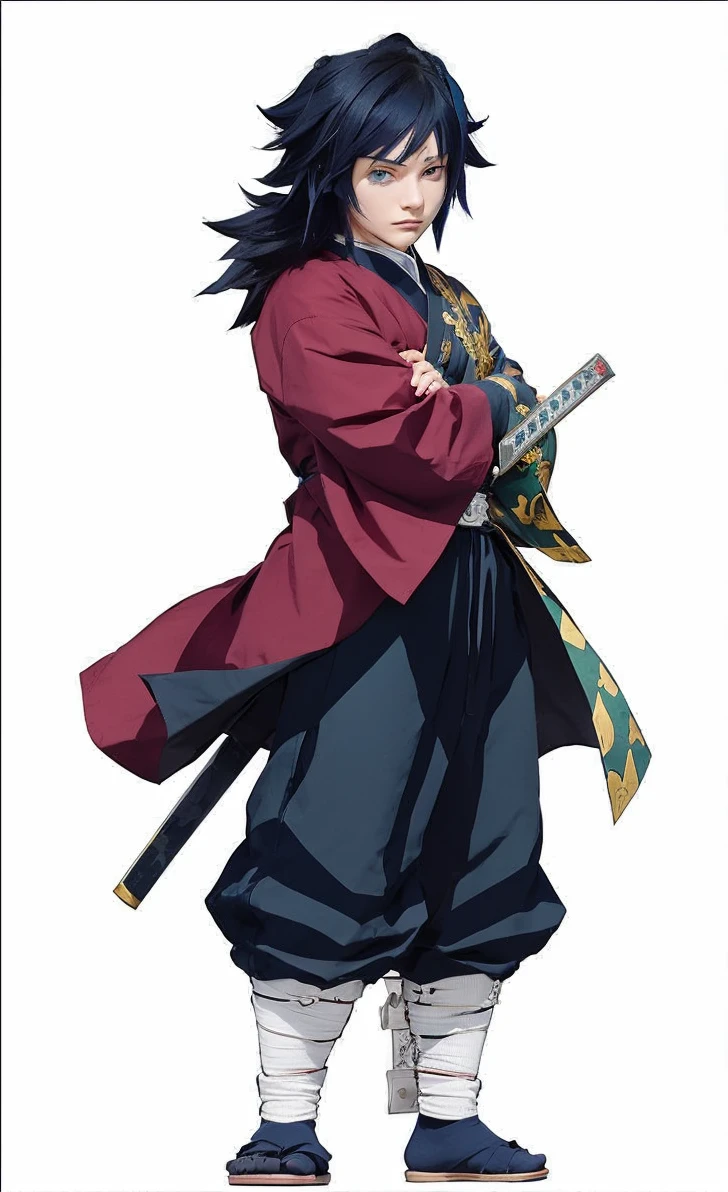 Kimetsu no Yaiba,anime a male character with long blue hair and blue eyes, wears a Demon Slayer costume, wears a white haori with a golden dragon pattern, loose slacks resembling a traditional samurai, and wears white socks with a gold dragon pattern, blue sandals. Attach the red Nichirin sword in the incision to the left side of the waist. Stand on a bridge under the moonlight with a Fuji blossom tree visible from afar.