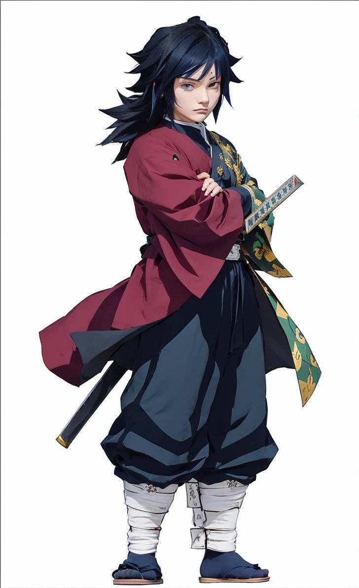 Kimetsu no Yaiba,anime a male character with long blue hair and blue eyes, wears a Demon Slayer costume, wears a white haori with a golden dragon pattern, loose slacks resembling a traditional samurai, and wears white socks with a gold dragon pattern, blue sandals. Attach the red Nichirin sword in the incision to the left side of the waist. Stand on a bridge under the moonlight with a Fuji blossom tree visible from afar.