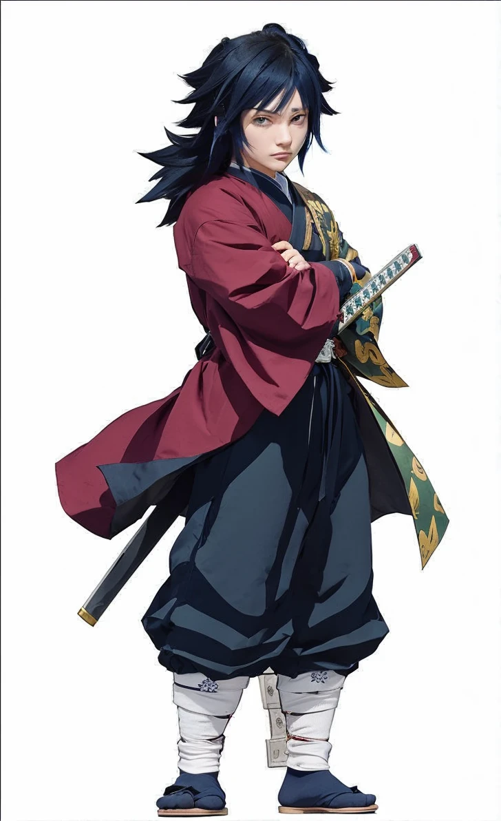 Kimetsu no Yaiba,anime a male character with long blue hair and blue eyes, wears a Demon Slayer costume, wears a white haori with a golden dragon pattern, loose slacks resembling a traditional samurai, and wears white socks with a gold dragon pattern, blue sandals. Attach the red Nichirin sword in the incision to the left side of the waist. Stand on a bridge under the moonlight with a Fuji blossom tree visible from afar.