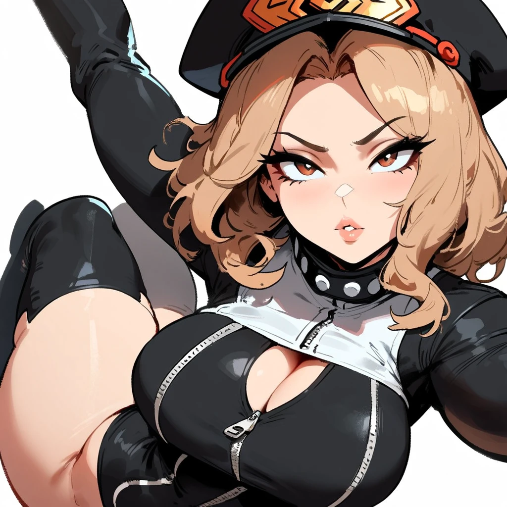 1girl, utsushimi kemii, boku no hero academia \\\\\ masterpiece, best quality, very aesthetic, absurdres, newest \\\\\\ slim body,///// ,by nyantcha,cutesexyrobutts , by khyle,,////// beautiful face, sexy, simple black catsuit with blending patterned lines and a zipper running down the middle left slightly down to reveal her cleavage. She wears white cuffs around her wrists and white heeled knee-high boots,.,  ,plump and glossy lips, white background, looking at viewer, close-up, dark brown eyes, ,cap, thin waist, 