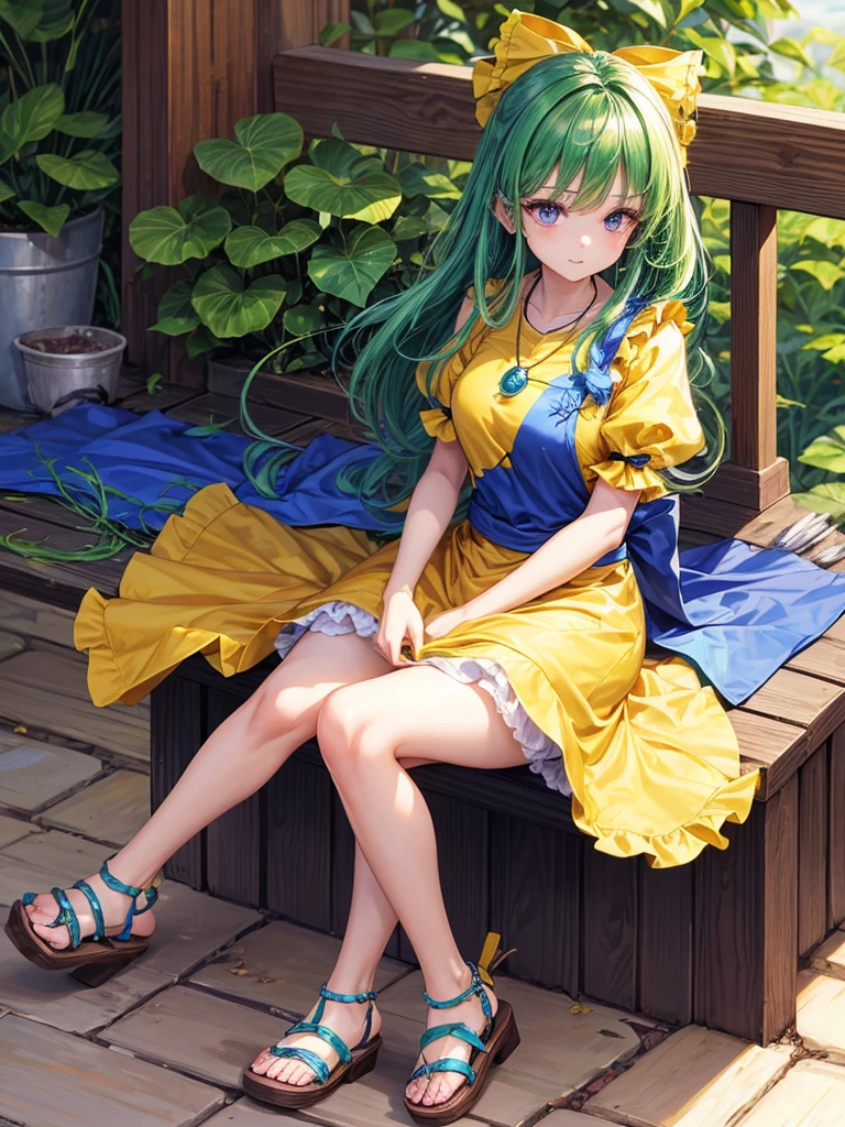 1girl. {{haniyasushin keiki_(touhou)}}, blue long hair, jewelry violet eyes, arm string, magatama necklace, green apron with pockets, green head scarf, green frill, sandals, yellow shirt, short sleeves, puffy sleeves, hold a brush, art tools