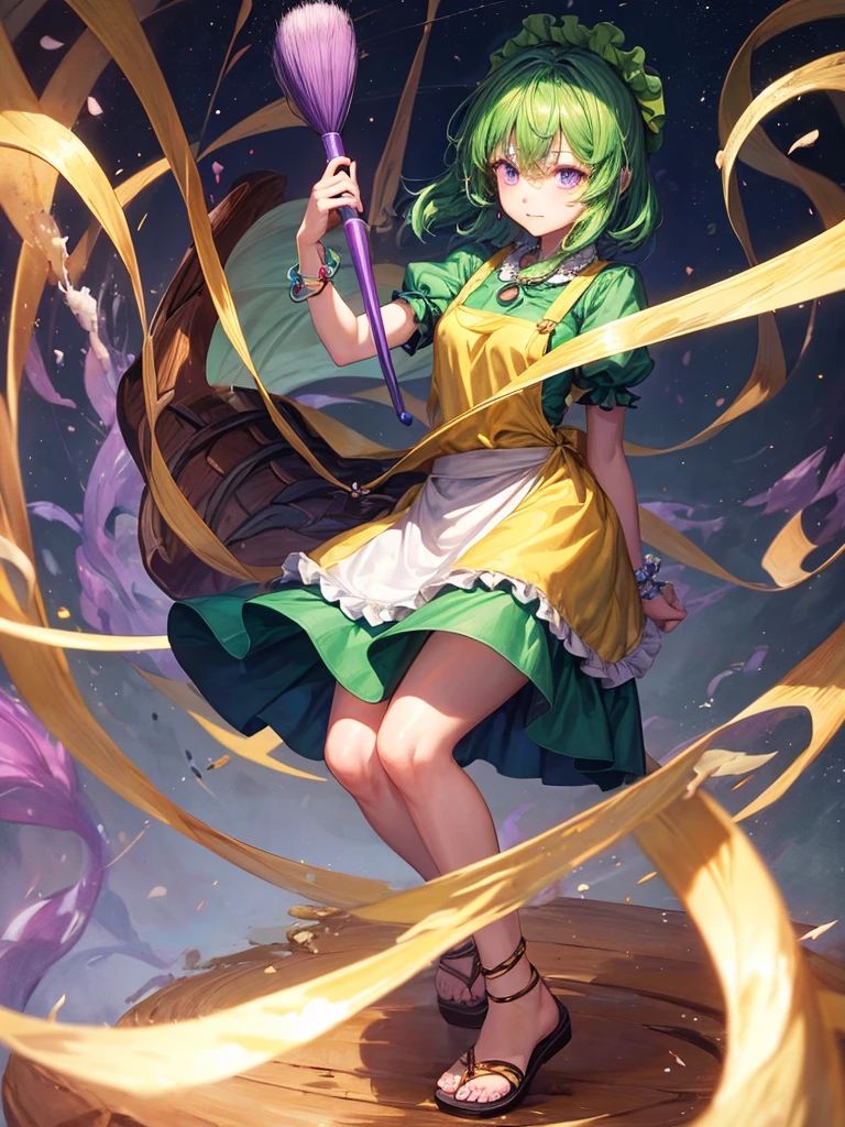 1girl. {{haniyasushin keiki_(touhou)}}, blue long hair, jewelry violet eyes, arm string, magatama necklace, green apron with pockets, green head scarf, green frill, sandals, yellow shirt, short sleeves, puffy sleeves, hold a brush, art tools