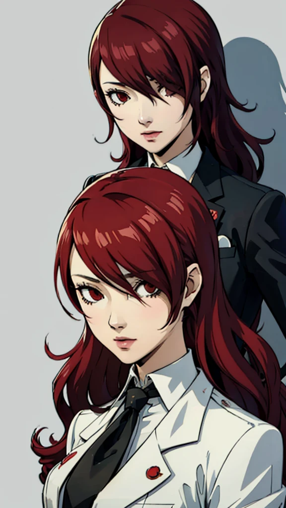 Mitsuru kirijo, face portrait, black suit, tie, red eyes, long hair, hair over one eye , hair over one eye,
