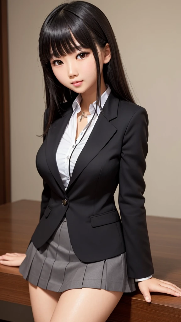((high quality)), ((Tabletop)), (Detailed face), (highlight), Asian Girl、Big breasts、thigh、Black Hair、Heavy bangs、high school girl、skirt、blazer、