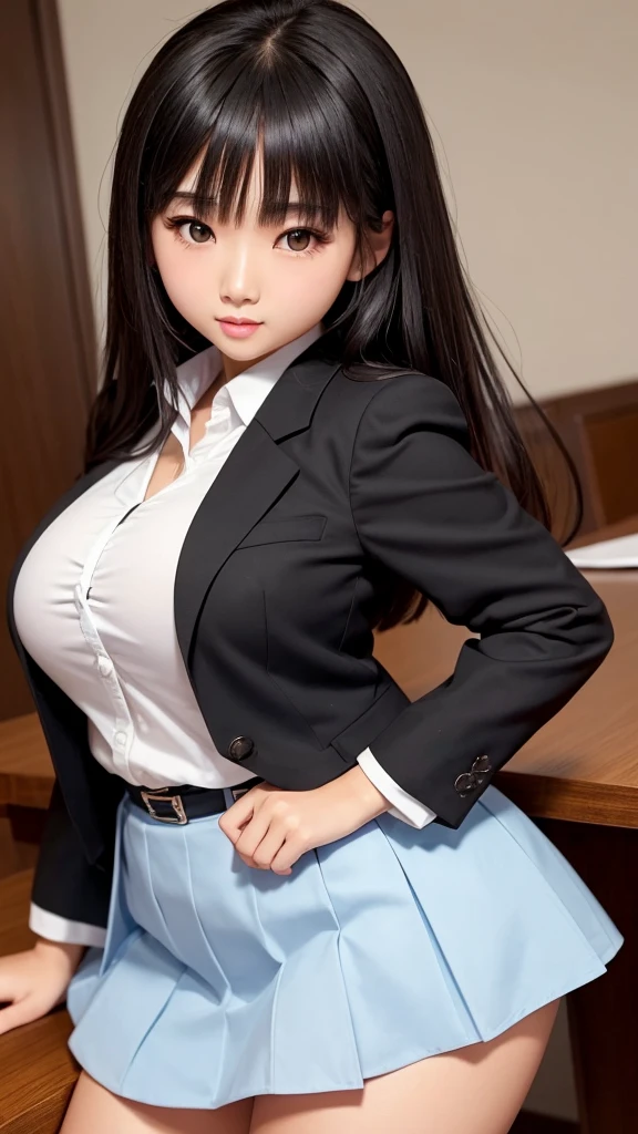 ((high quality)), ((Tabletop)), (Detailed face), (highlight),　Asian Girl、Big breasts、thigh、Black Hair、Heavy bangs、high school girl、skirt、blazer、