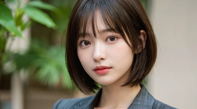 (Bob Cut Hair:1.2),(Wear a blazer:1.2),1 girl,Japanese,21 years old,(Small breasts:1.3),(Highest quality,masterpiece:1.3,超A high resolution,),(Ultra-detailed,Caustics),(Photorealistic:1.4,RAW shooting,)Ultra-Realistic Capture,Very detailed,High resolution 16K human skin close-up。 Natural skin texture、,Pores、、It needs to be detailed enough to be easily identifiable。 Skin should be even-toned and healthy looking。 Use natural light and colour, Sad expression, Looking at the camera, Perfect dynamic composition, Outdoor