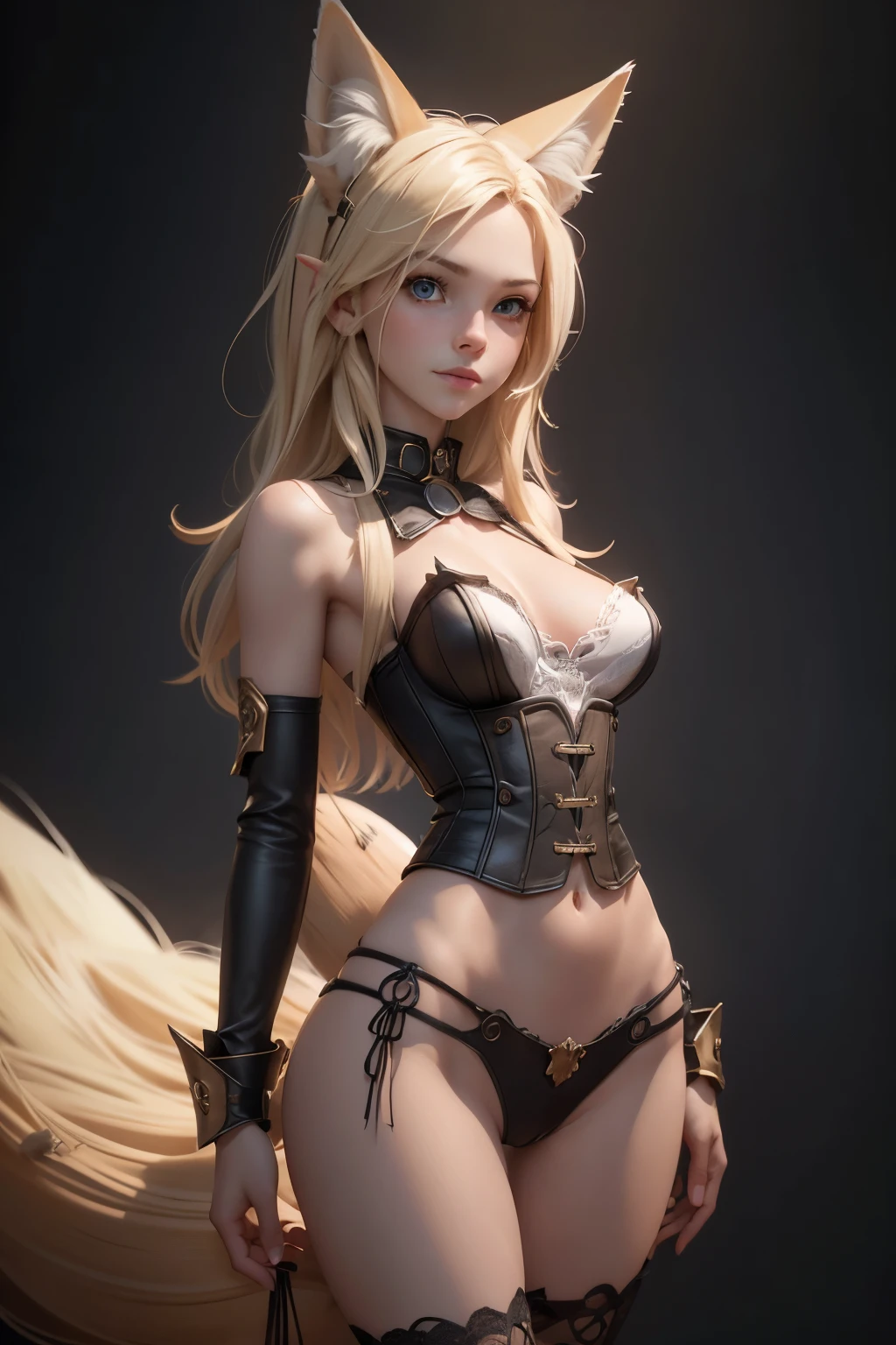 close up 1girl in, teenager, Solo, Aesthetic artwork, blond, straight blonde hair, super long blonde hair, light blue eyes,  some small freckles, pale skin, A-cup, (large fox ears:1.25), small breasts, runners body, (thin hips, thin waist: 1.25), detailed skin, shy smile, wearing a steampunk outfit with lace, leather corset, ornamental copper parts, portrait, blaster, 50mm, 4k textures, soft cinematic light, RAW intricate, elegant, highly detailed, sharp focus, ((((cinematic look)))), soothing tones, insane details, intricate details, hyperdetailed, low contrast, soft cinematic light, dim colors, exposure blend, hdr, faded