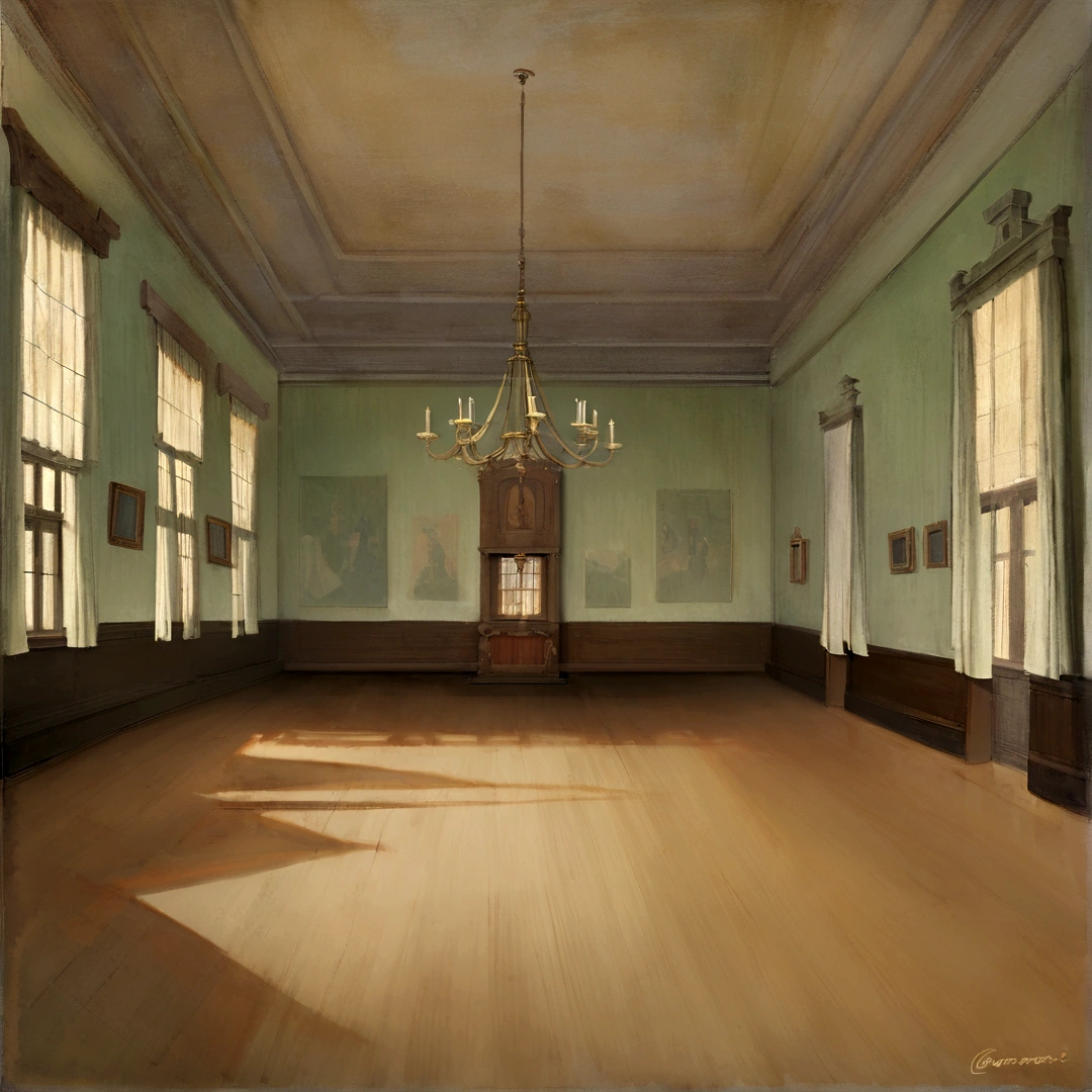 painting of a room with a chandelier and a chandelier in the middle, in a large hall, painting of a room, inspired by Leonaert Bramer, by Genevieve Springston Lynch, inspired by Sydney Prior Hall, inspired by Rick Amor, large hall, inspired by George Benjamin Luks, empty room, by Thomas Dalziel, inspired by Wilhelm Hammershøi