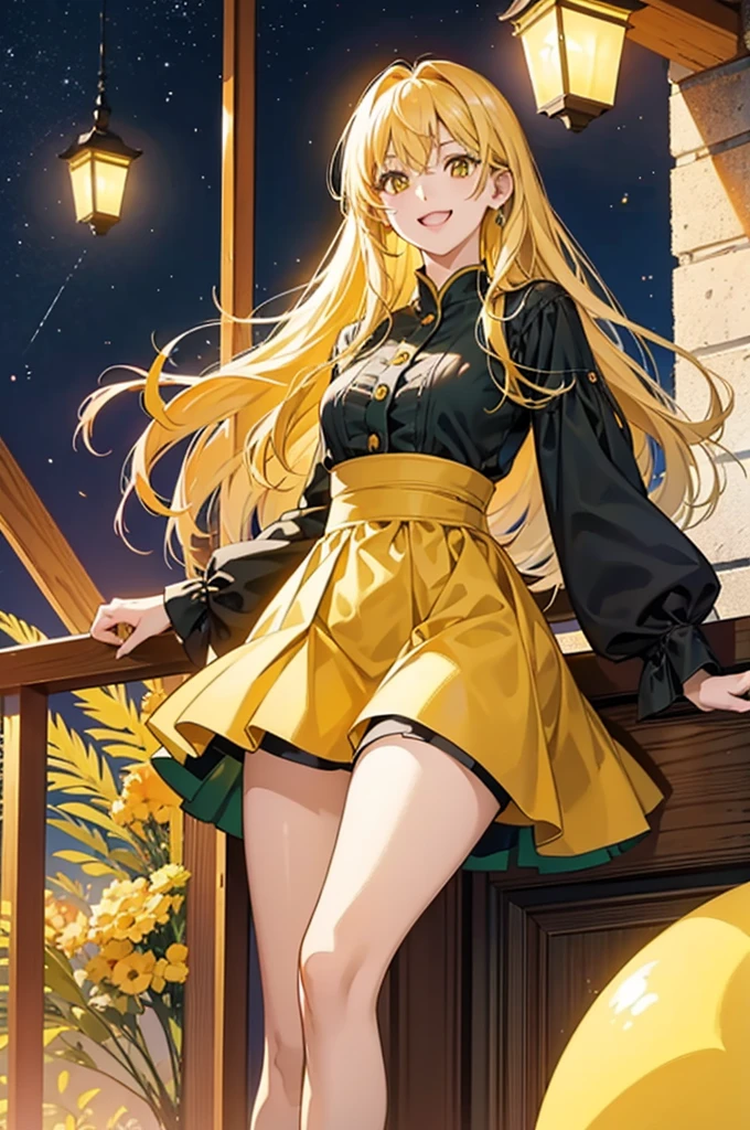 anime、最high quality, high quality, 8K、High resolution,Highest quality、solo、A gentle and mature lady、Being in overseas markets、Thighs、Miniskirt、tall、Long limbs、solo、Laughing with mouth open、Yellow-green long hair、Yellow Eyes、anime