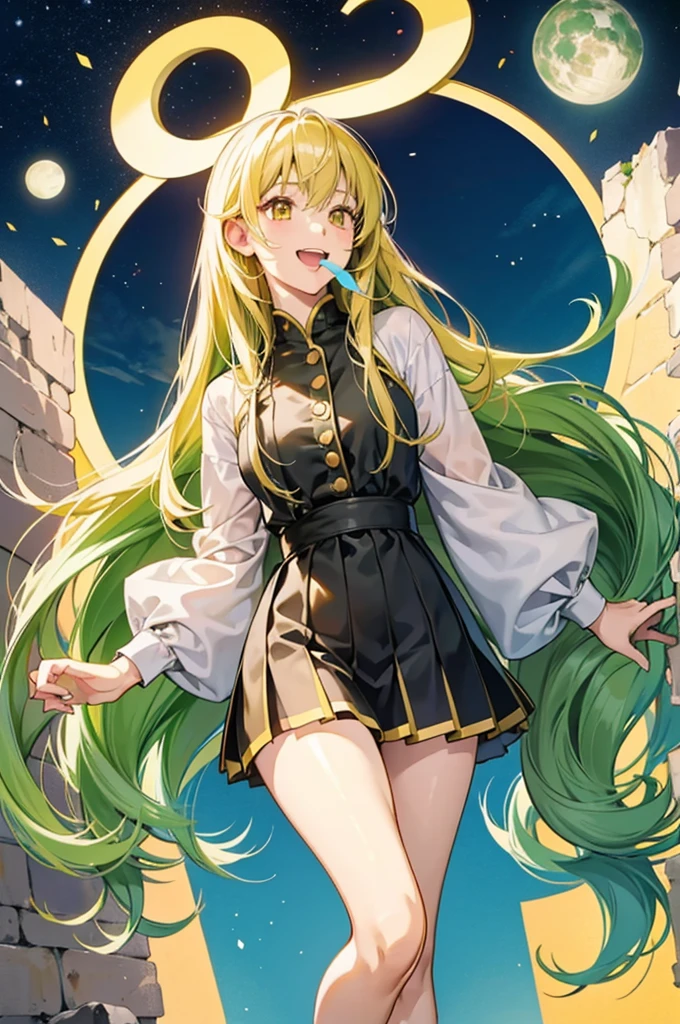 anime、最high quality, high quality, 8K、High resolution,Highest quality、solo、A gentle and mature lady、Being in overseas markets、Thighs、Miniskirt、tall、Long limbs、solo、Laughing with mouth open、Yellow-green long hair、Yellow Eyes、anime