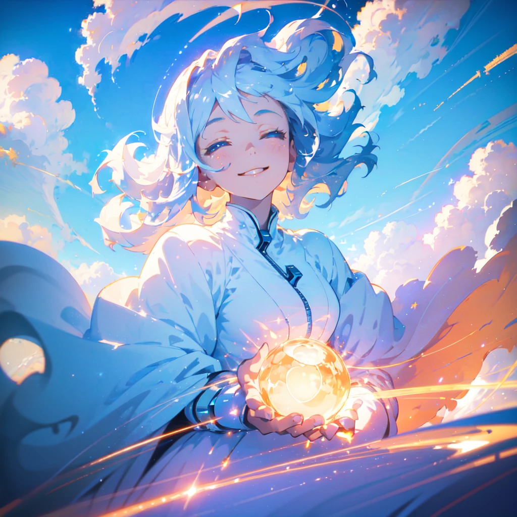 masterpiece, best quality, movie still, 1girl, floating in the sky, cloud girl, cloud, (close-up:1.1), bright, smug, smirk, happy, fun, soft lighting, volumetric lighting, Bauhaus, shapes, lines, sparkling, glittering, swirling, abstract, expressive