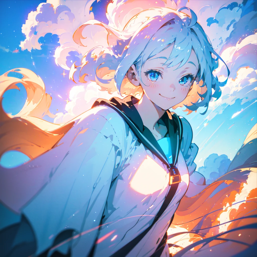 masterpiece, best quality, movie still, 1girl, floating in the sky, cloud girl, cloud, (close-up:1.1), bright, smug, smirk, happy, fun, soft lighting, volumetric lighting, Bauhaus, shapes, lines, sparkling, glittering, swirling, abstract, expressive