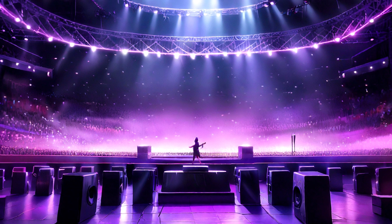 (best quality,4K,8k,high resolution,masterpiece:1.2),Super detailed,(actual,photoactual,photo-actual:1.37),weekend,seated on a throne,gold crown,Royal purple velvet robe,exquisite jewelry,Stage lighting illuminates the scene,confident expression,slim microphone,Smoky atmosphere,Beautiful and delicate eyes,Beautiful and delicate lips,Shadow background,glowing spotlight,electric atmosphere,Concert scenes,Pulsating neon lights,gleaming stage floor,intense emotion,Energetic performance,bright colors,soulful resonance,sharp focus,laser show,moving stage effects,Large crowd,mysterious aura,Melodic Soundwave,Futuristic visuals,eye-catching stage design,CuttingEdgeTechnology,The atmosphere is lively,Modern entertainment experience,World class production,music and imagery,ArtisticExpressions,musical genius,Charming stage presence