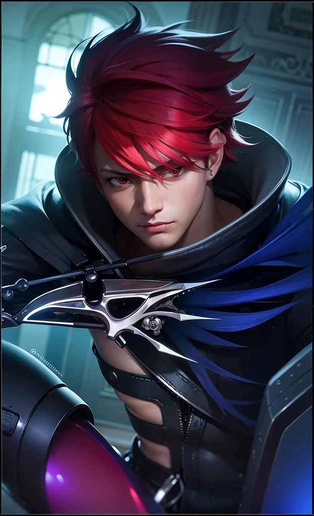 "Enjoy a visual feast as you witness the stunning transformation of the handsome 20 year old Saitama, a being with unrivaled power and a charming aura. With bright blue hair and piercing red eyes, This energetic person will surprise you." with a light reflection effect that looks like glass.