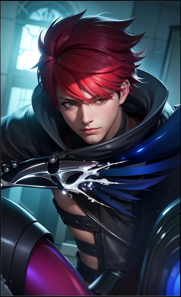 "Enjoy a visual feast as you witness the stunning transformation of the handsome 20 year old Saitama, a being with unrivaled power and a charming aura. With bright blue hair and piercing red eyes, This energetic person will surprise you." with a light reflection effect that looks like glass.